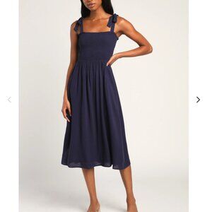 Looking Up Navy Blue Smocked Tie-Strap Midi Dress